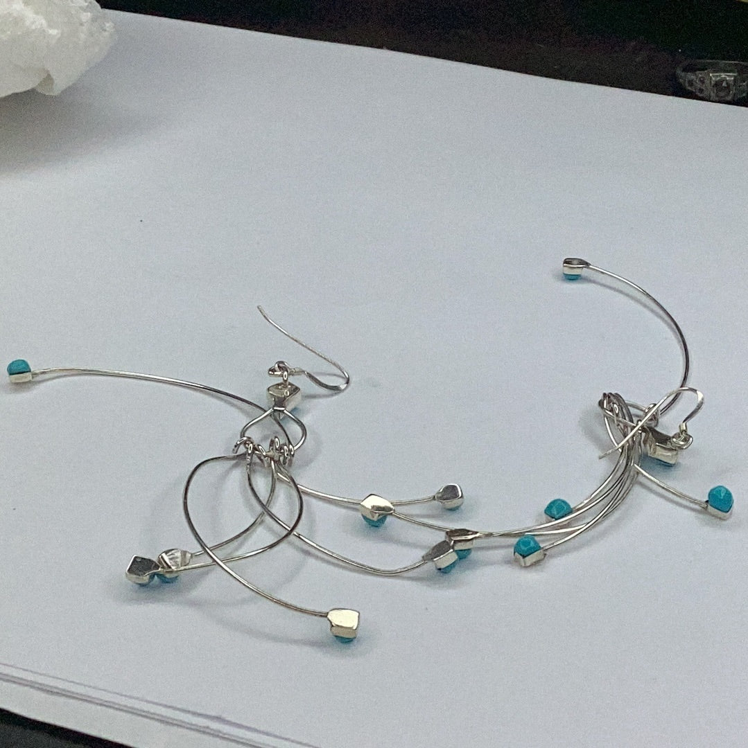 Sterling Silver & Turquoise Wire Long Dangle Earrings