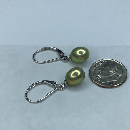 New Sterling Silver 925 Golden/Green Genuine Pearl Drop Dangle Wire Earrings