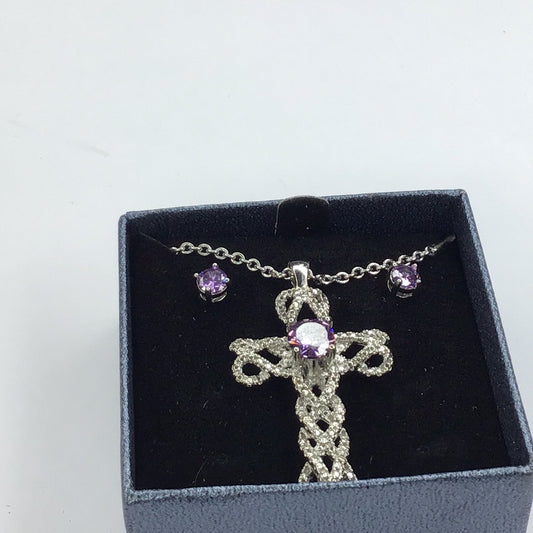 Silver Tone Amethyst Cross Necklace & Stud Earrings New - Pawn Man Store