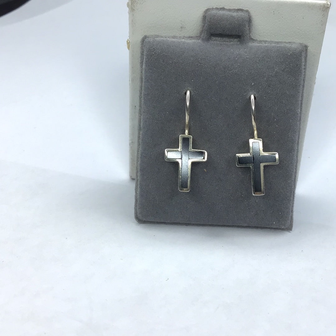 New Sterling Silver 925 Cross Wire Earnings W/Inlayed Hematite - Pawn Man Store