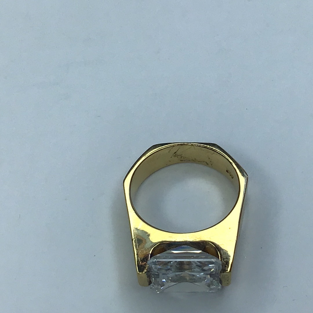 Yellow Gold Over Sterling Silver 925 Ring W/ Rectangular Cut Cubic Zirconia Faceted Stone Sz. 7