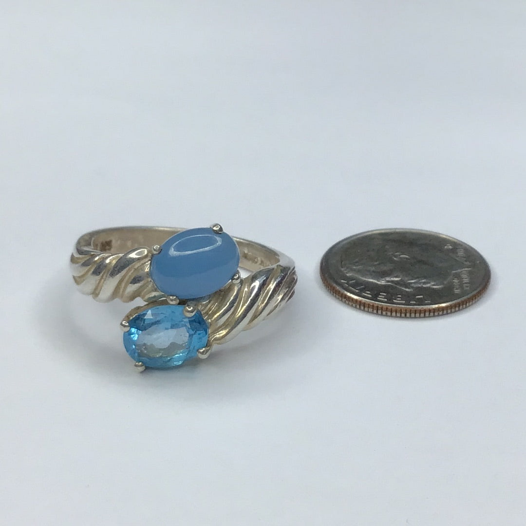Sterling Silver 925 Blue Topaz & Chalcedony Bypass Ring Sz. 7.5