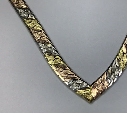 Yellow & Rose Gold Over Sterling Silver 925 Thick Herringbone 18” “V” Necklace 4mm Wide signed Vior Italy