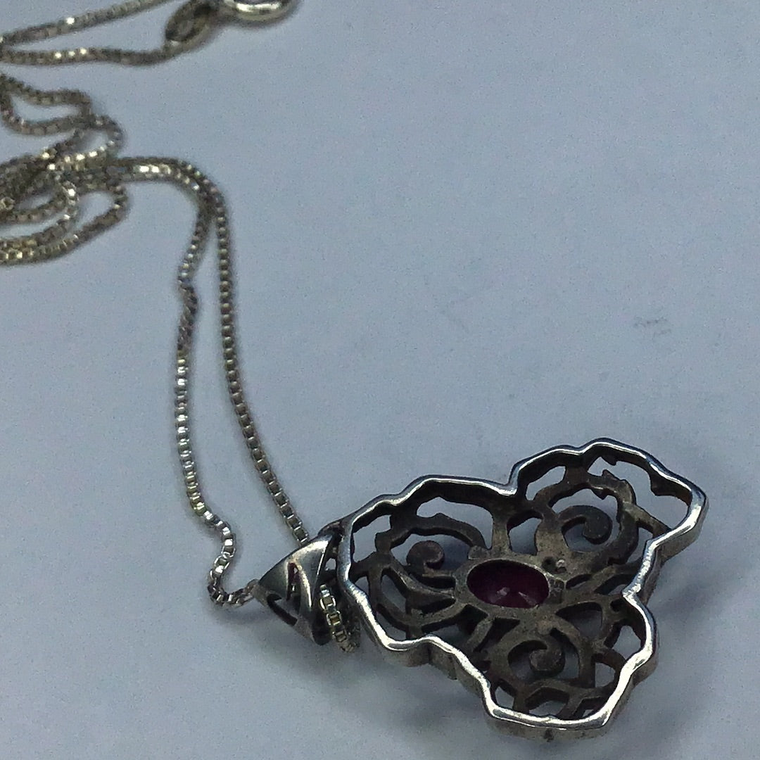 Fine Sterling Silver 925 Genuine Ruby Pendant w/ 24” Box Link Chain - Pawn Man Store
