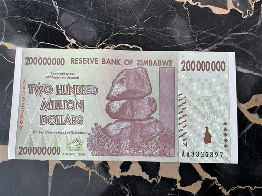 Zimbabwe Hyperinflation 200 Million Dollar Note