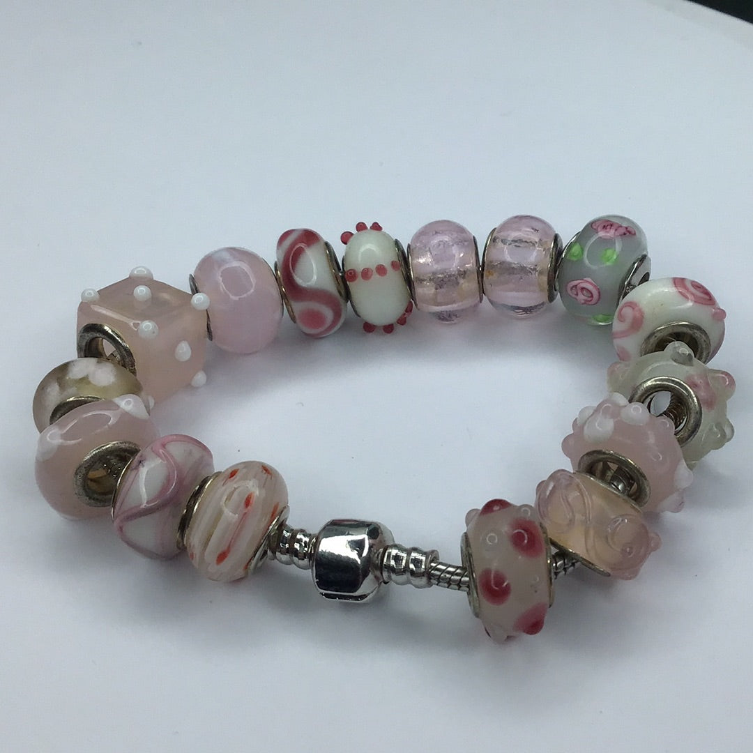 Silver Tone Bracelet w/Multi Colored Pink Glass Charms 7.75” - Pawn Man Store