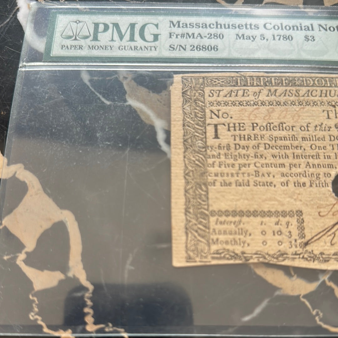 PMG MASSACHUSETTS Colonial Note RARE MAY 5, 1790 PMG 55 ABOUT UNC