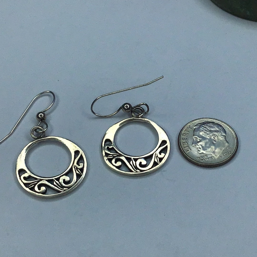 Fine Sterling Silver 925 Circle Cut Outs Wire Dangle Earrings - Pawn Man Store