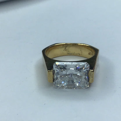 Yellow Gold Over Sterling Silver 925 Ring W/ Rectangular Cut Cubic Zirconia Faceted Stone Sz. 7