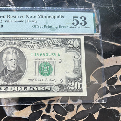 PMG 53 AU 1990 Minneapolis $20 Federal Reserve ERROR OFFSET PRINTING RARE