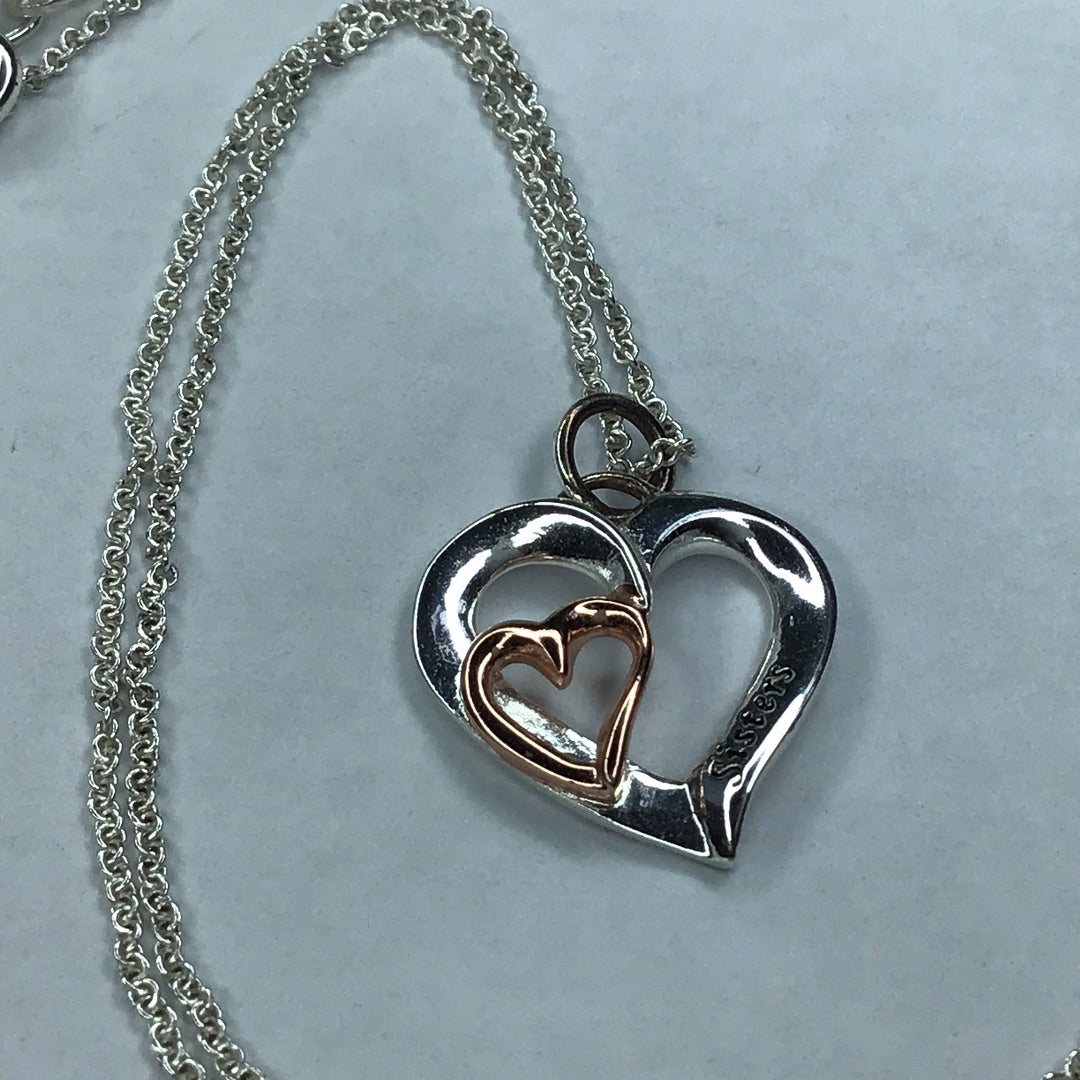 Rose Gold Over Sterling Silver Double Heart SISTER Necklace 18” - Pawn Man Store