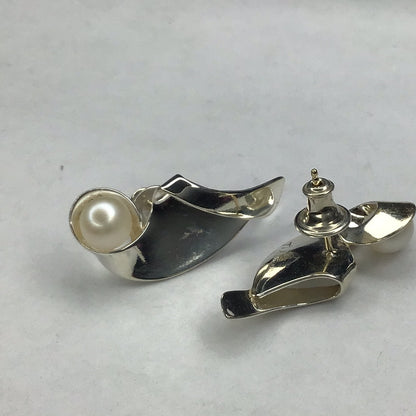 Sterling Silver 925 With 14k Yellow Gold Posts Pearl Earrings New