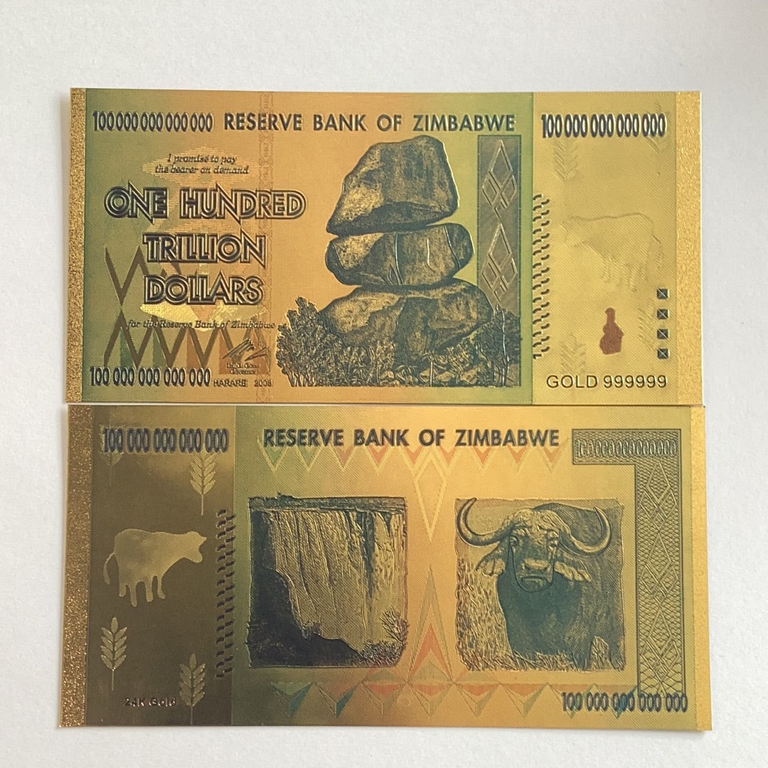 Gold 24K “One Hundred Trillion Dollars” Zimbabwe 2008 Hyperinflation Note