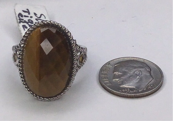 Fine Sterling Silver 925 Faceted Oval Tiger Eye & Citrine Stones Ring Sz 7