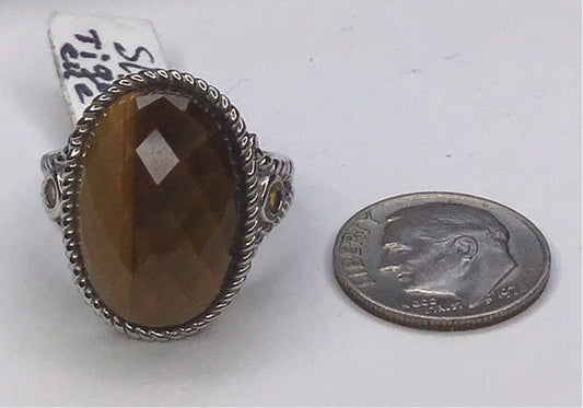 Fine Sterling Silver 925 Faceted Oval Tiger Eye & Citrine Stones Ring Sz 7