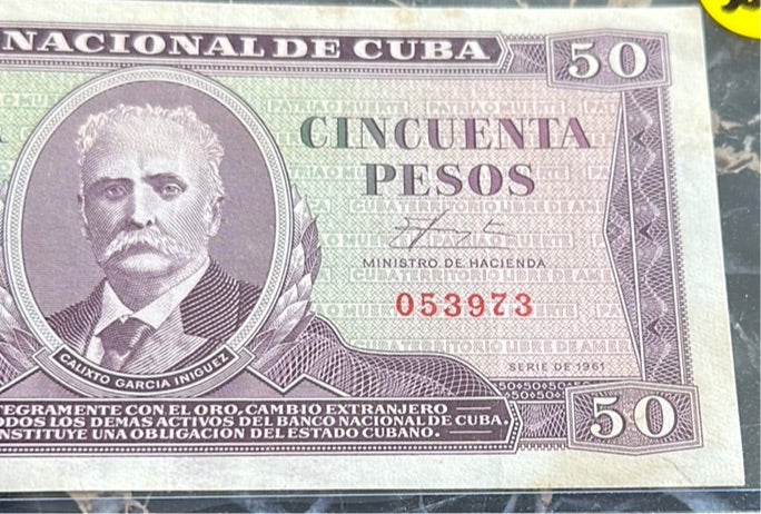 1961 Bank of Cuba 50 Peso Banknote rare choice example