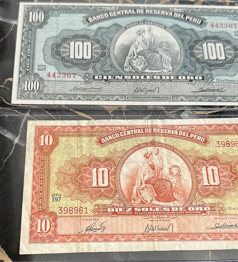 Bank of Peru 1964 100 Peso (AU condition) + 10 Peso 1963 circulated