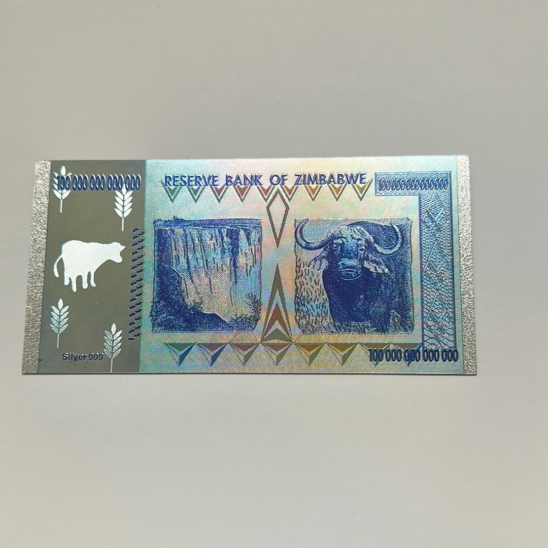 Silvered "One Hundred Trillion Dollars" Zimbabwe 2008 Hyperinflation Note