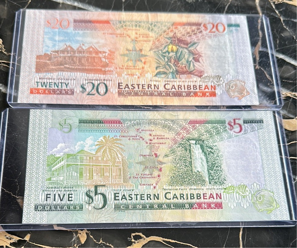 Rare Eastern Caribbean Central Banknotes $20 + $5 AU/XF condition