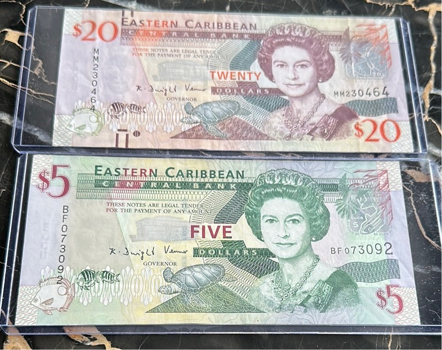 Rare Eastern Caribbean Central Banknotes $20 + $5 AU/XF condition