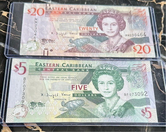 Rare Eastern Caribbean Central Banknotes $20 + $5 AU/XF condition - Pawn Man Store